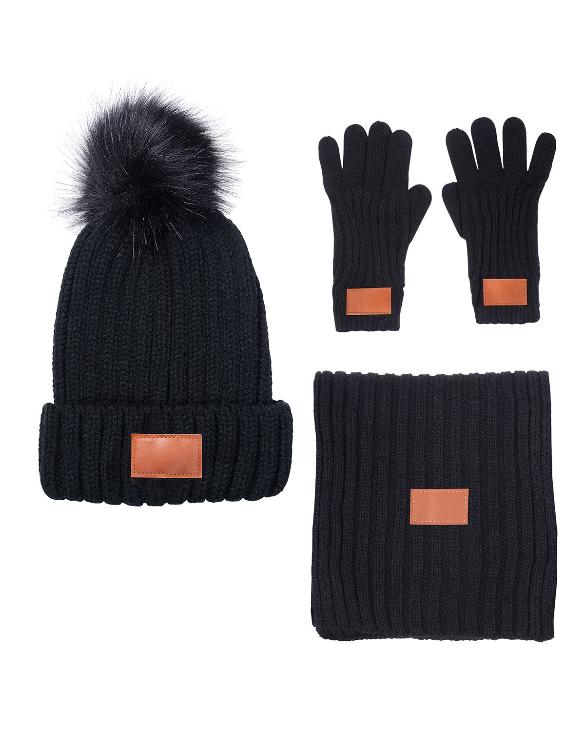 Leeman Three-Piece Rib Knit Fur Pom Winter Set black 