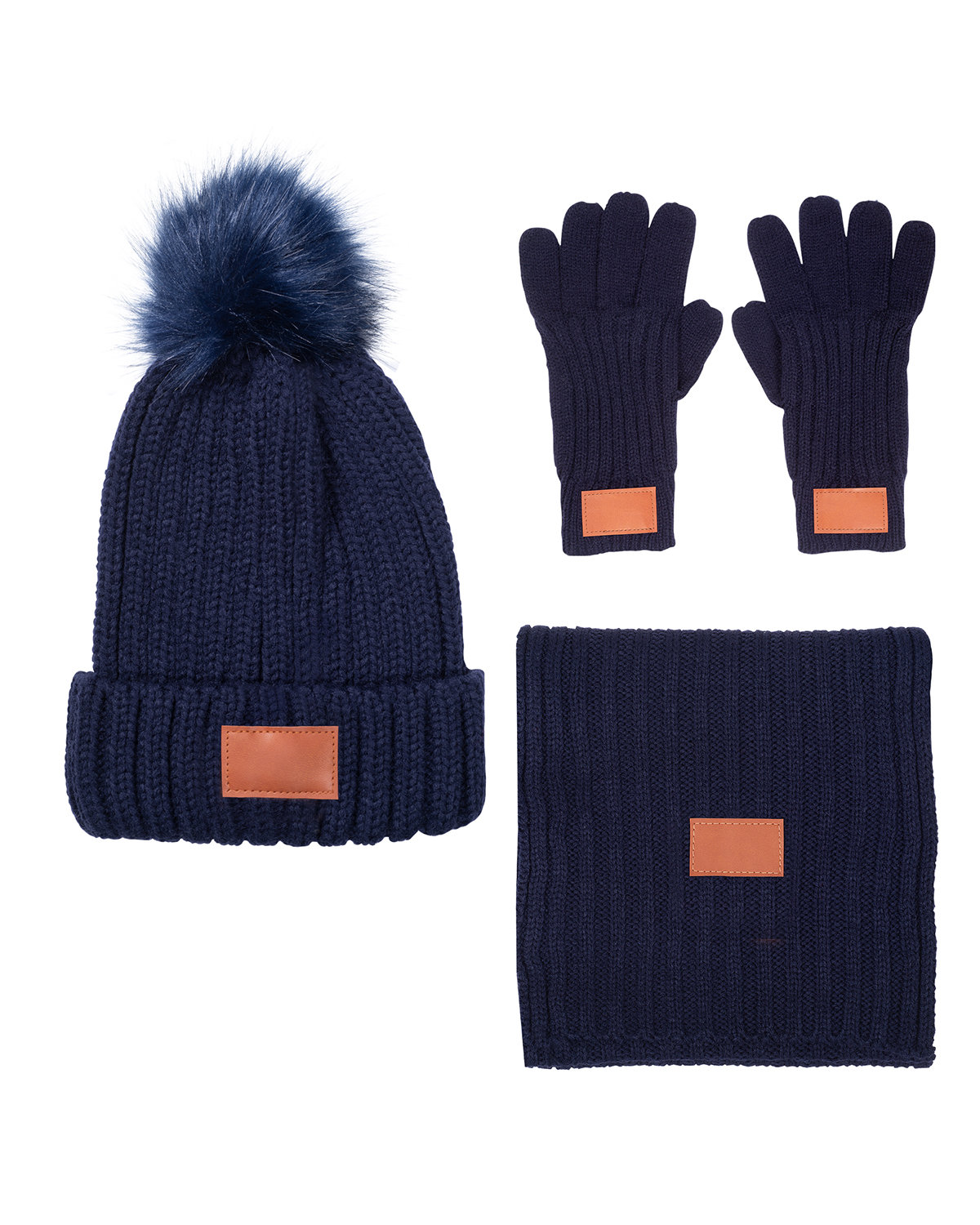 Leeman Three-Piece Rib Knit Fur Pom Winter Set navy blue 