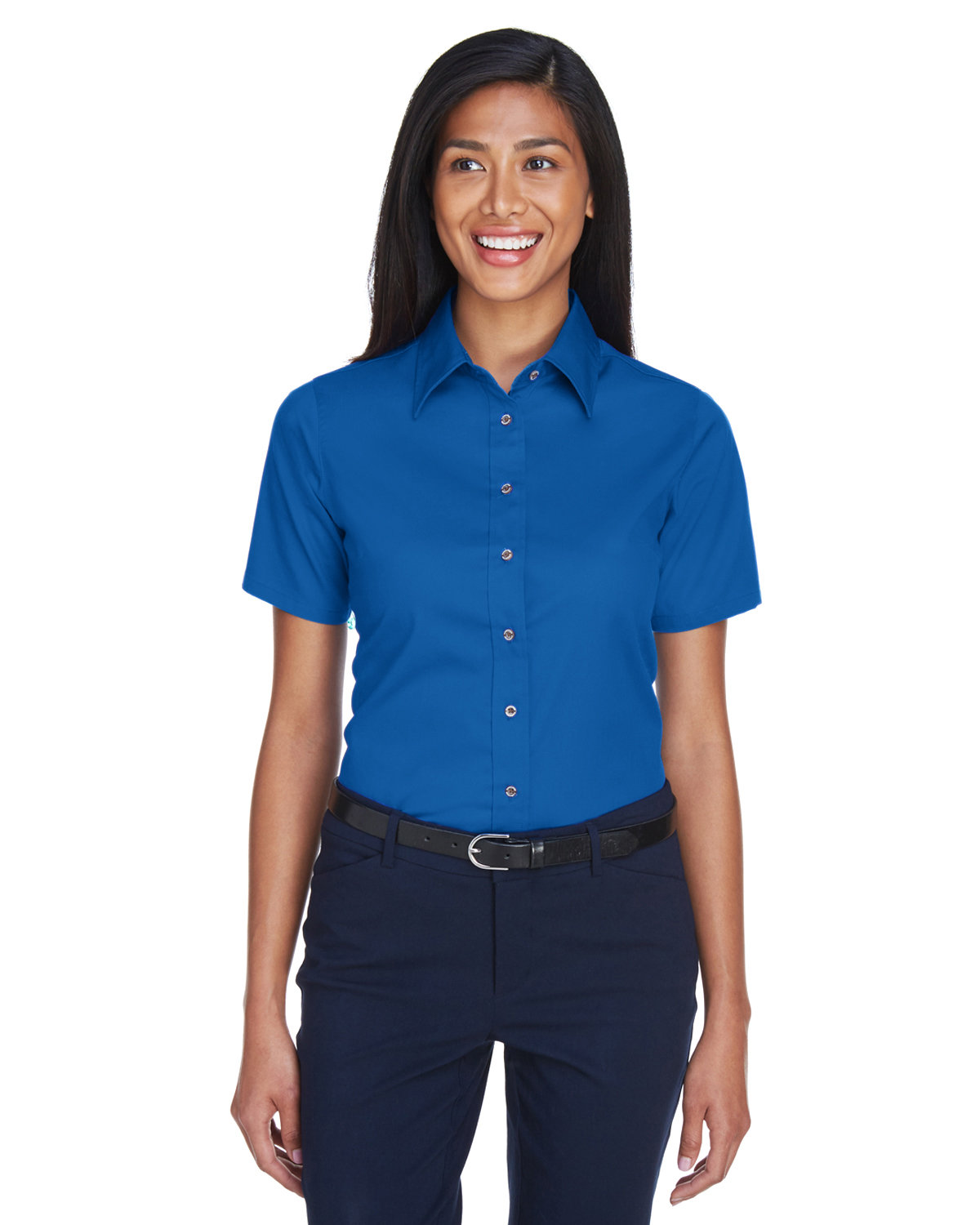 Harriton Ladies' Easy Blend™ Short-Sleeve Twill Shirt with Stain-Release FRENCH BLUE 