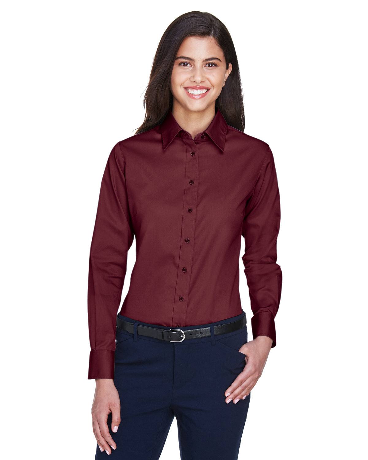 Harriton Ladies' Easy Blend™ Long-Sleeve Twill Shirt with Stain-Release WINE 