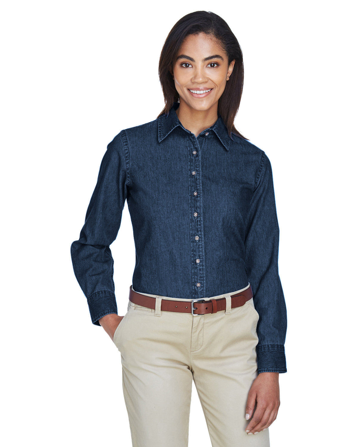 Harriton Ladies' 6.5 oz. Long-Sleeve Denim Shirt DARK DENIM 