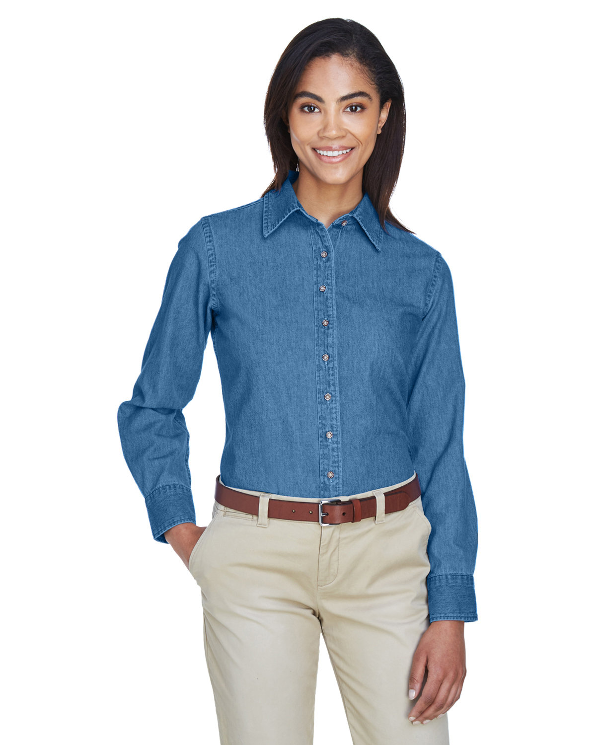 Harriton Ladies' 6.5 oz. Long-Sleeve Denim Shirt LIGHT DENIM 