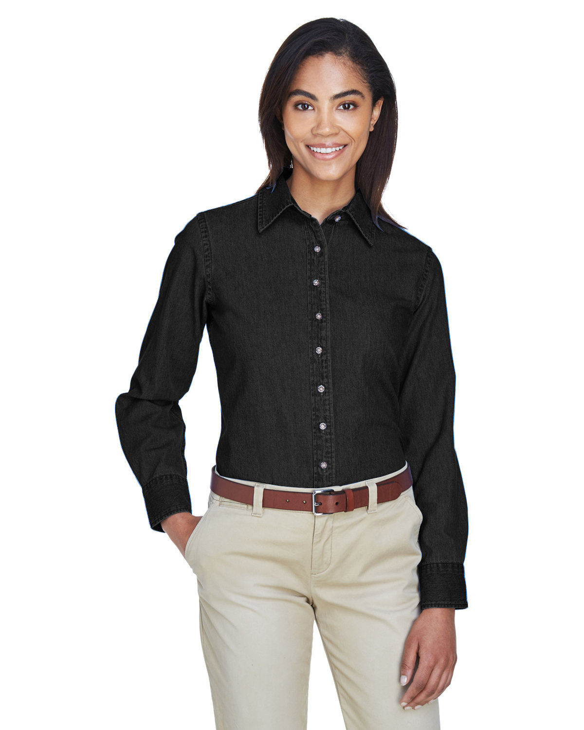 Harriton Ladies' 6.5 oz. Long-Sleeve Denim Shirt WASHED BLACK 