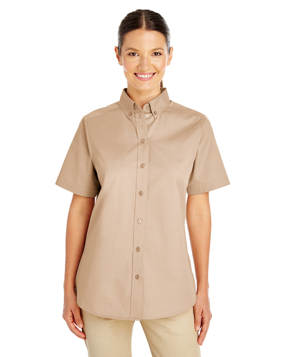 Harriton Ladies' Foundation 100% Cotton Short-Sleeve Twill Shirt with ...