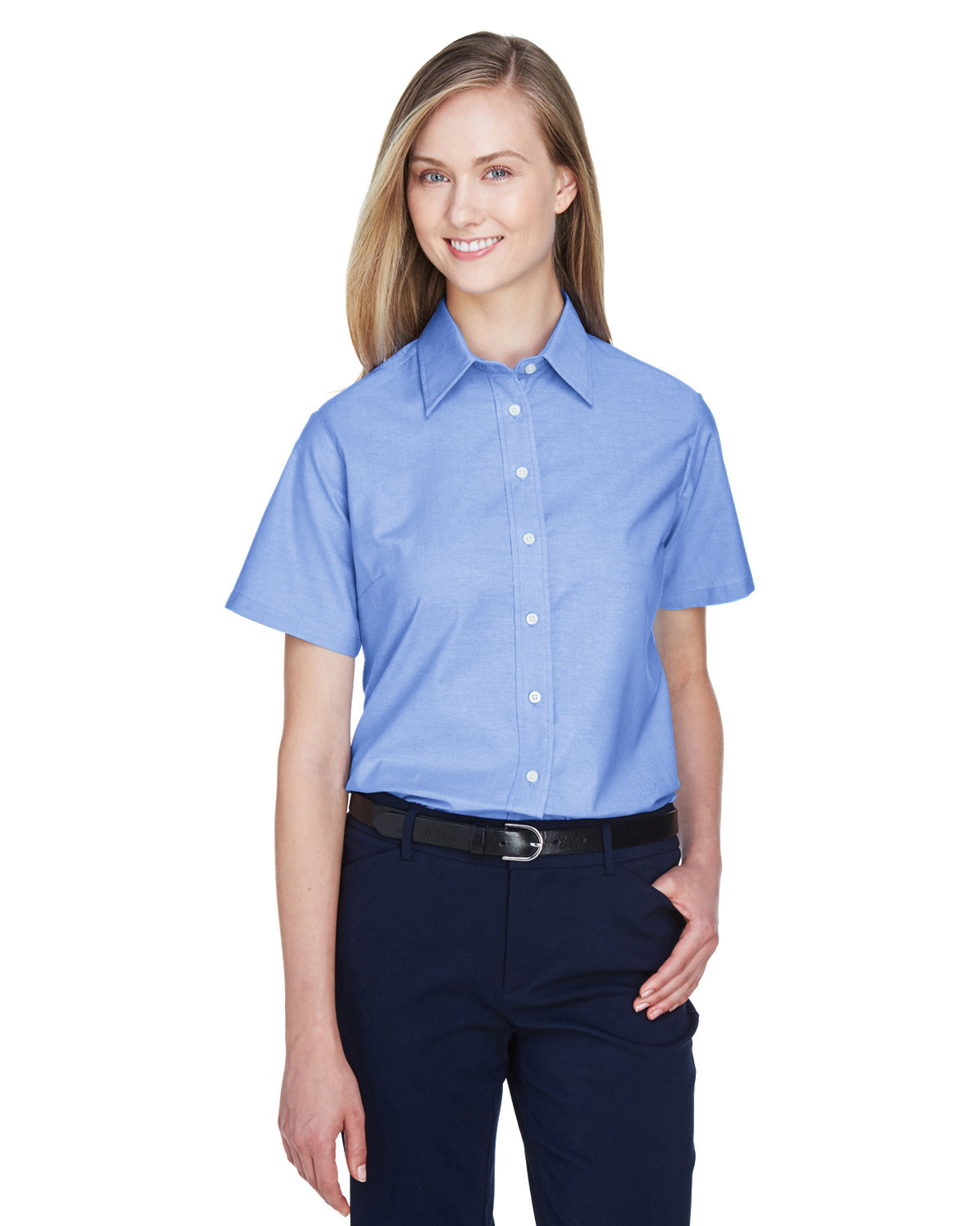 Harriton Ladies' Short-Sleeve Oxford with Stain-Release LIGHT BLUE 