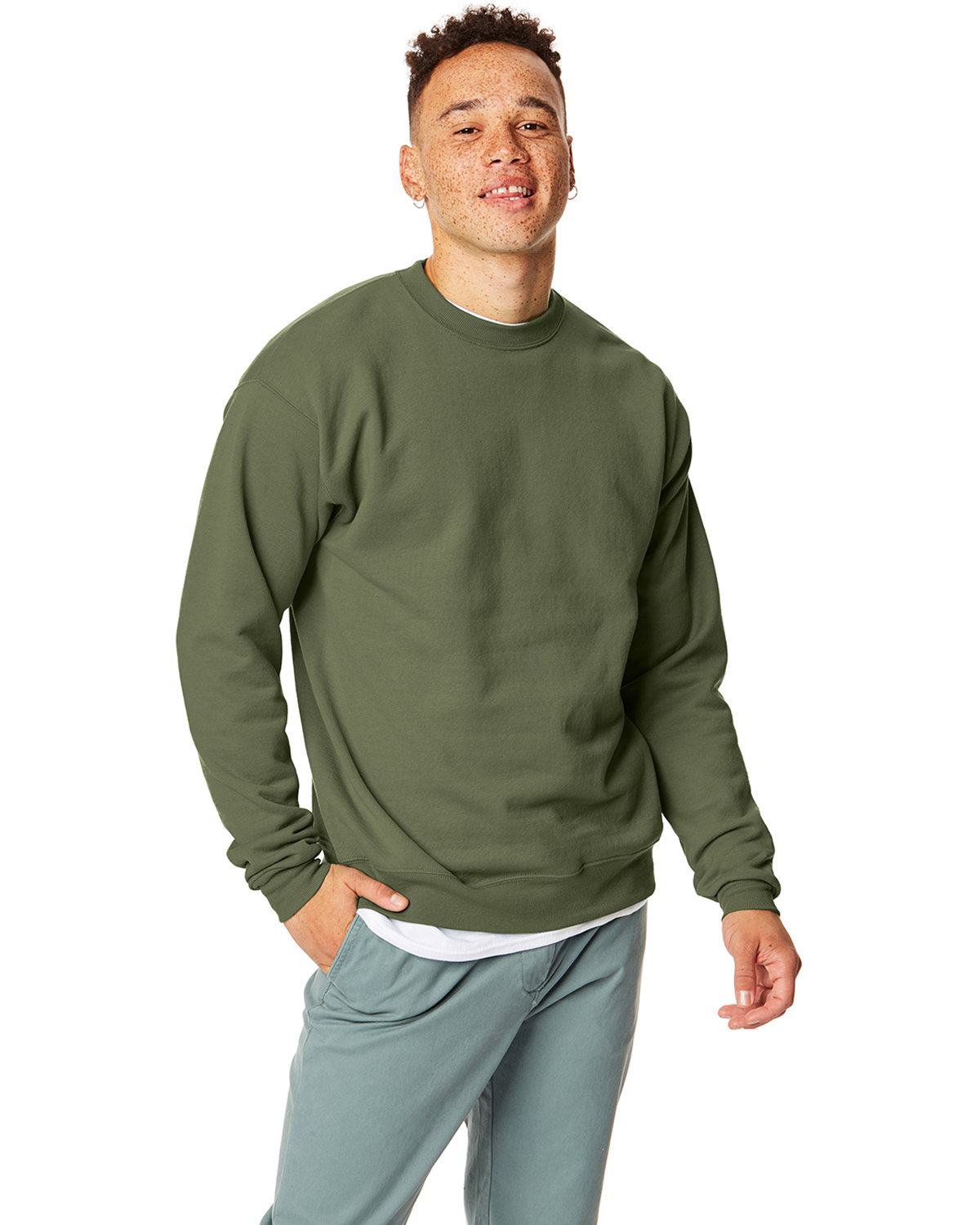 Hanes Unisex Ecosmart® 50/50 Crewneck Sweatshirt FATIGUE GREEN 