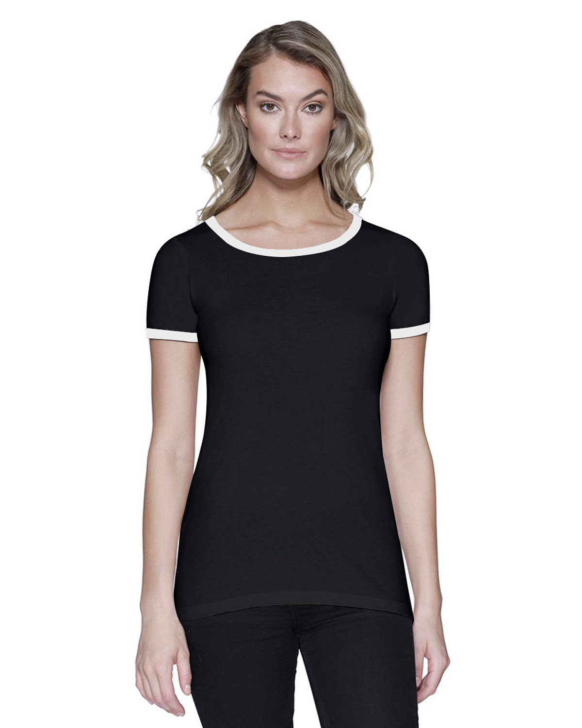 StarTee Ladies' CVC Ringer T-Shirt BLACK/ WHITE 