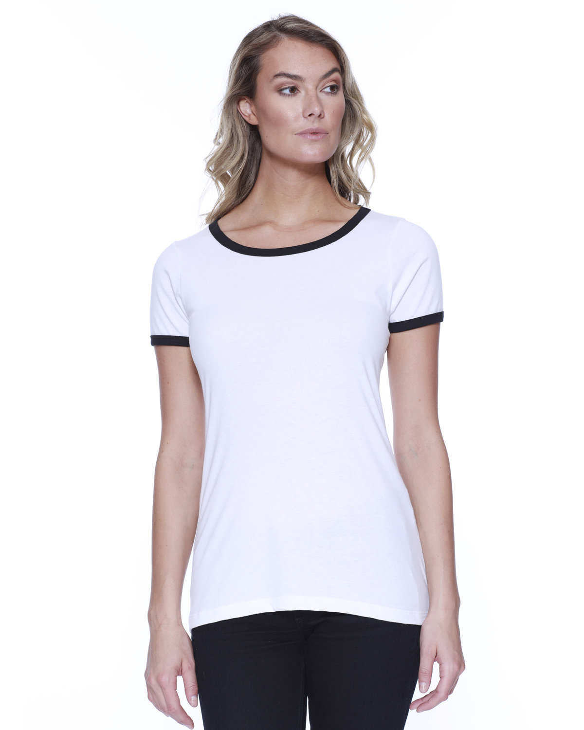 StarTee Ladies' CVC Ringer T-Shirt WHITE/ BLACK 