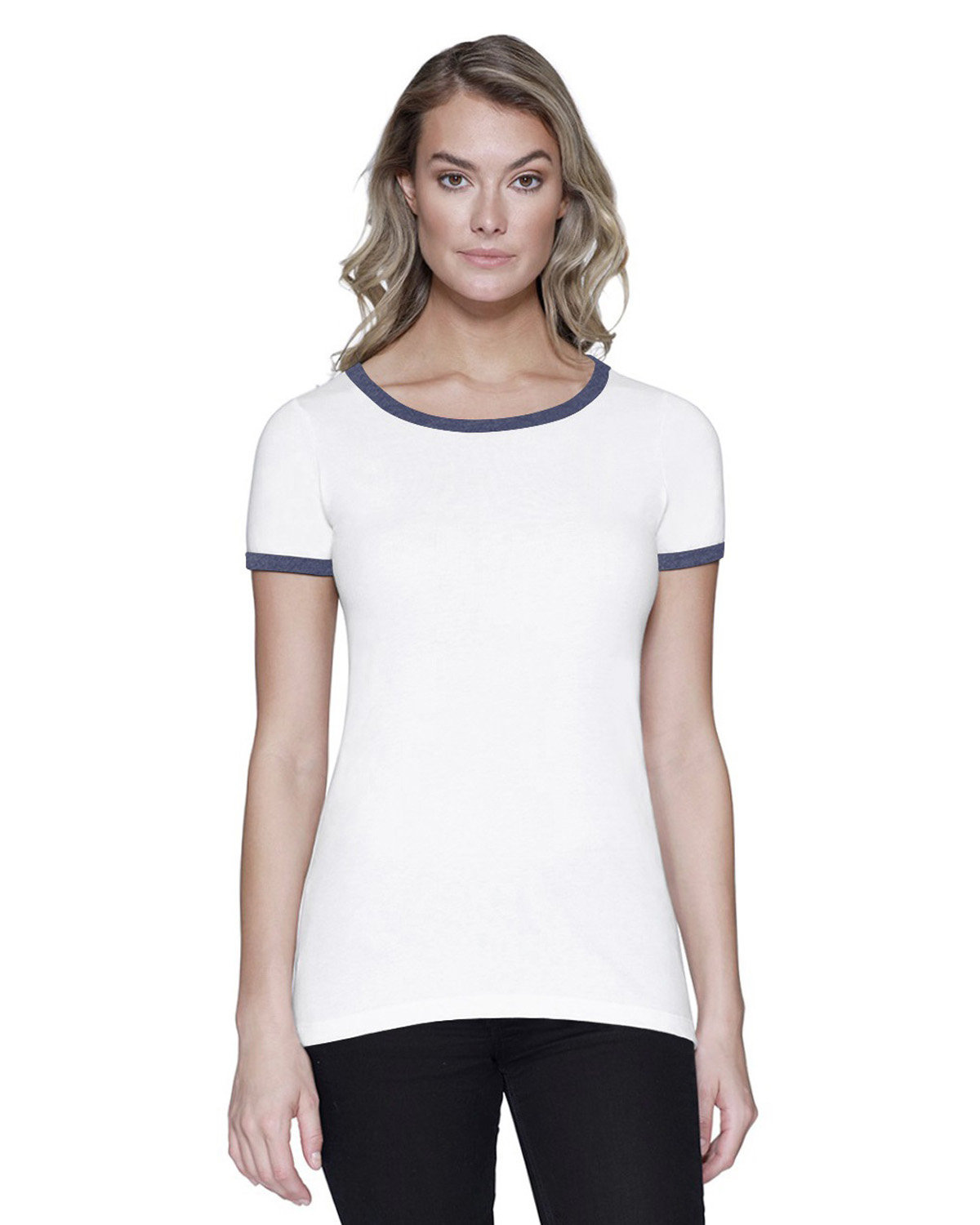 StarTee Ladies' CVC Ringer T-Shirt WHITE/ NAVY HTHR 