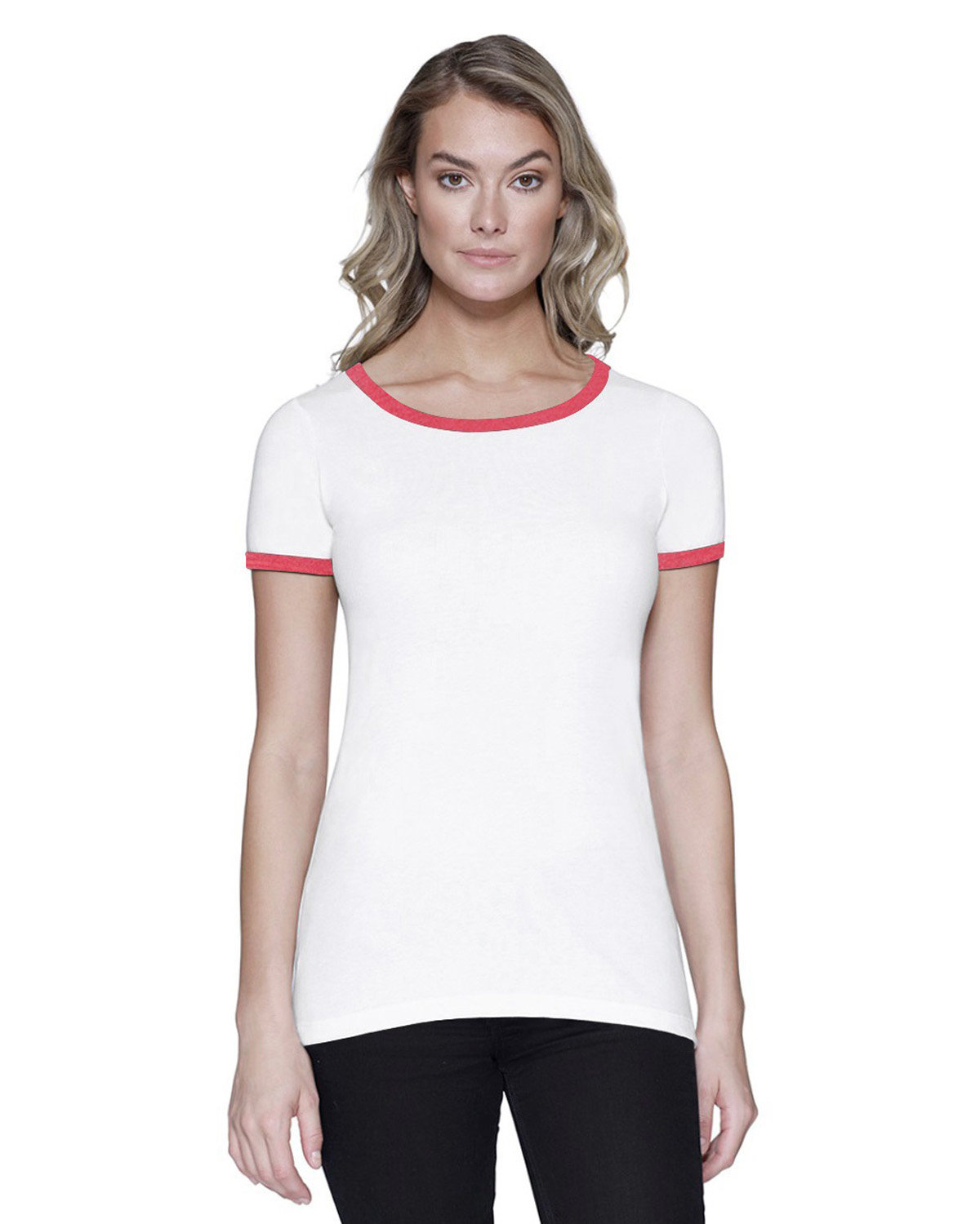 StarTee Ladies' CVC Ringer T-Shirt WHITE/ RED HTHR 