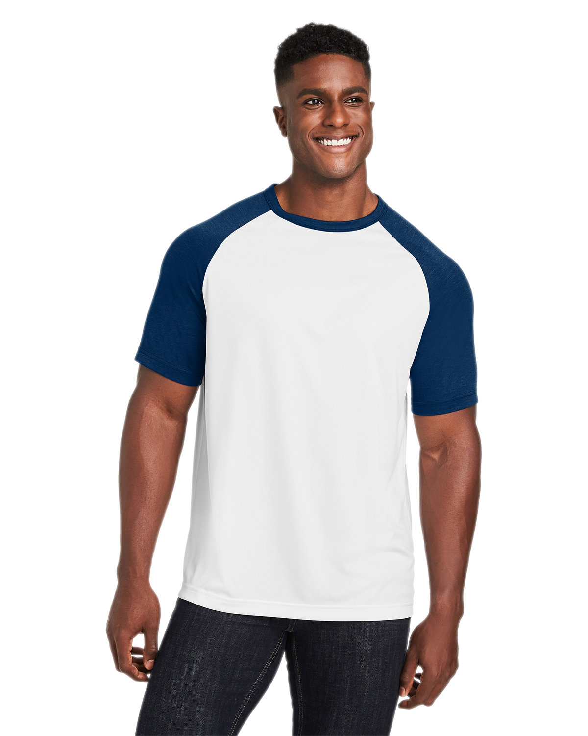 Team 365 Unisex Zone Colorblock Raglan T-Shirt WHT/ SP DK NV HT 