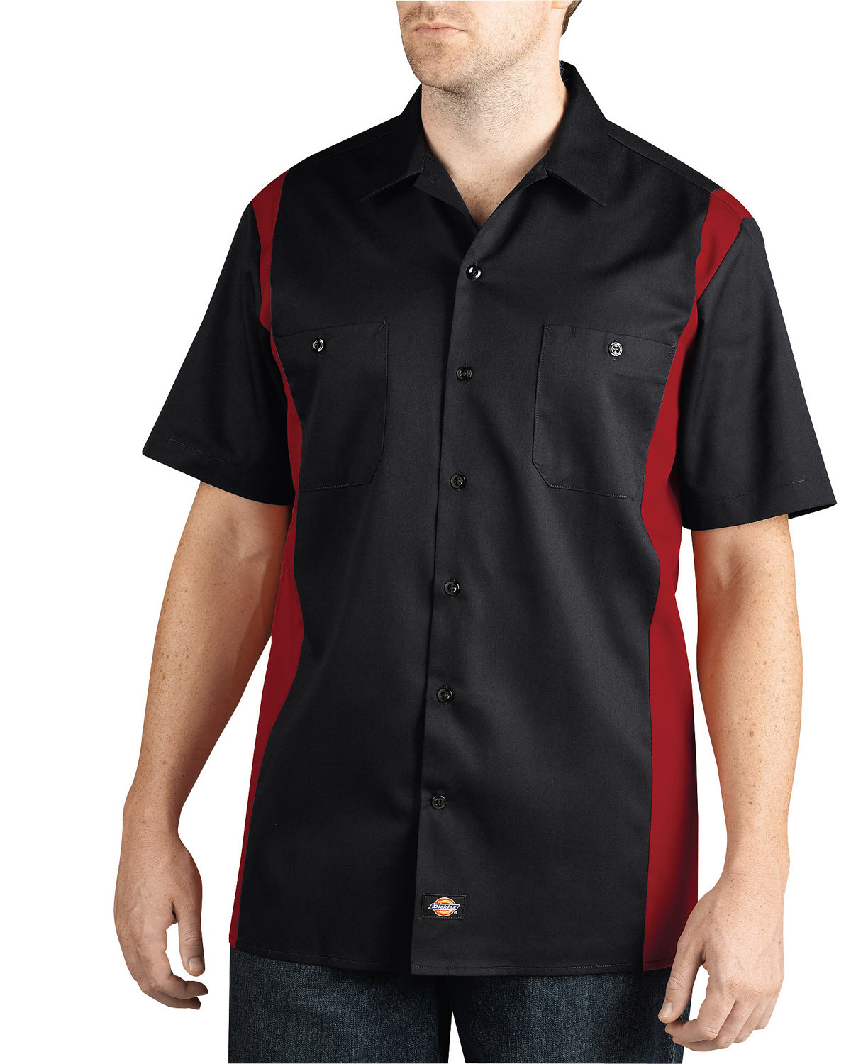 Dickies Men's Two-Tone Short-Sleeve Work Shirt BLACK/ ENG RED 