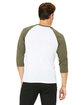 Bella + Canvas Unisex 3/4-Sleeve Baseball T-Shirt WHT/ HTHR OLIVE ModelBack