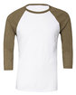 Bella + Canvas Unisex 3/4-Sleeve Baseball T-Shirt WHT/ HTHR OLIVE FlatFront