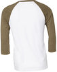 Bella + Canvas Unisex 3/4-Sleeve Baseball T-Shirt WHT/ HTHR OLIVE OFBack