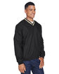 UltraClub Adult Long-Sleeve Microfiber Crossover V-Neck Wind Shirt black/ tan ModelQrt