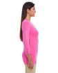 Devon & Jones Ladies' Perfect Fit Y-Placket Convertible Sleeve Knit Top charity pink ModelSide