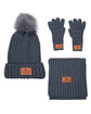 Leeman Three-Piece Rib Knit Fur Pom Winter Set gray DecoFront