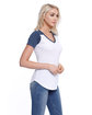 StarTee Ladies' CVC Varsity V-Neck T-Shirt white/ navy hthr ModelSide